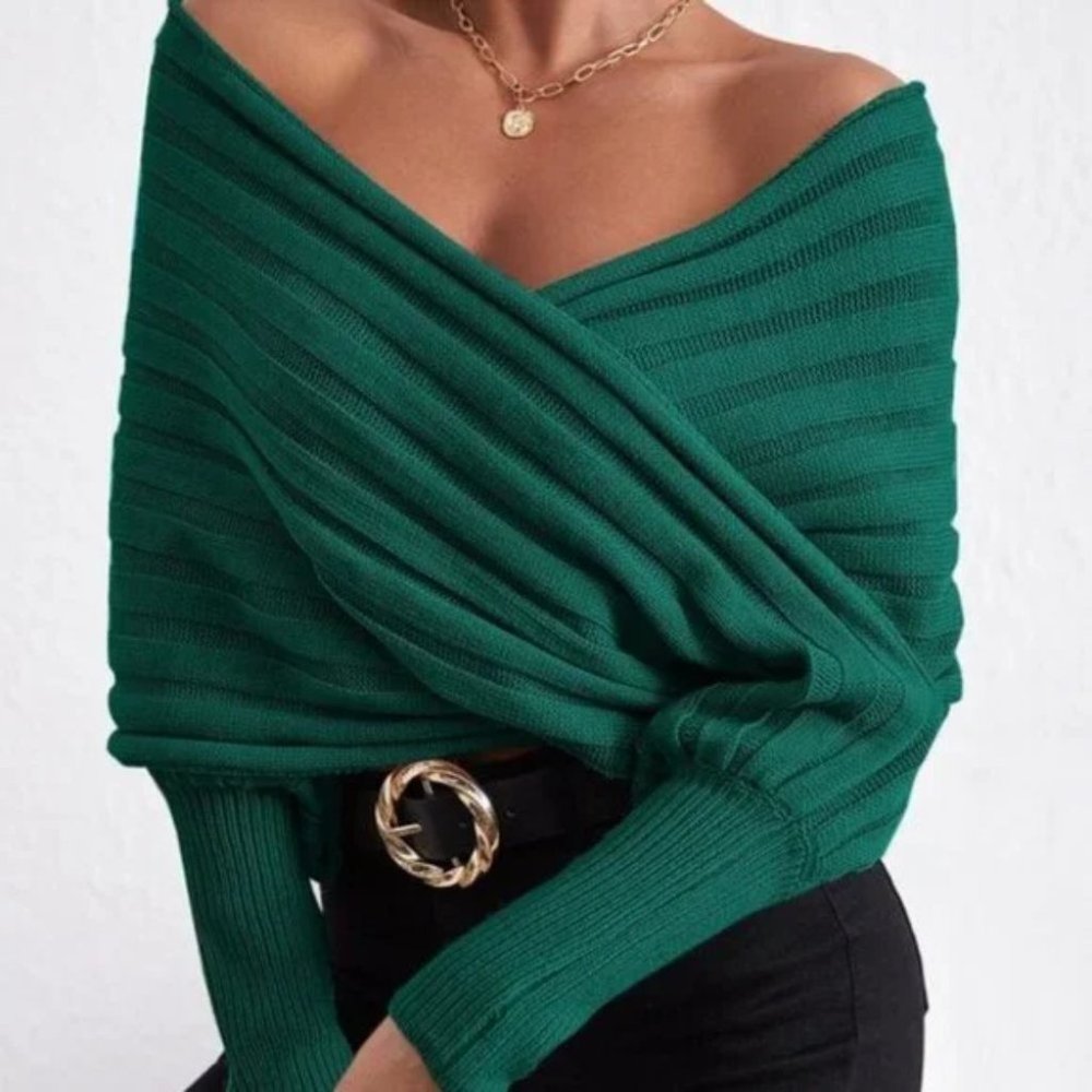 Off Shoulder Chunky Knit Wrap Overlap Green - Picture 4 of 4